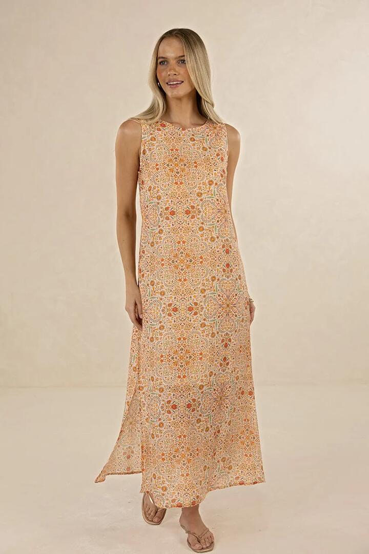 Image of Dresses. Product name - Mari Melon Pink Floral Silk Blend Sleeveless Maxi Dress in Pink colour by brand - Humidity Lifestyle