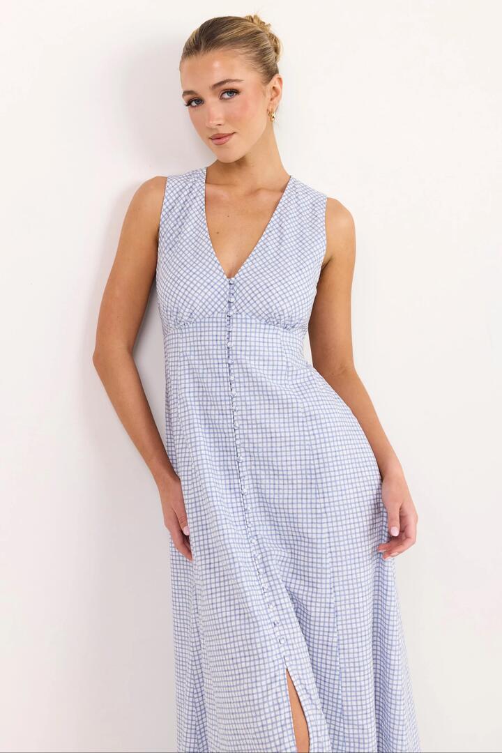 Image of Dresses. Product name - Cardinal Blue Mini Gingham Sleeveless Button Front Maxi Dress in Blue Mini Gingham colour by brand - Among the Brave