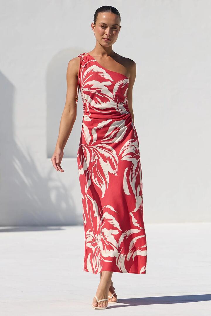 Image of Dresses. Product name - Lagoon Red Cream Floral One Shoulder Ruched Maxi Dress in Red Cream Floral colour by brand - Georgia Zoe