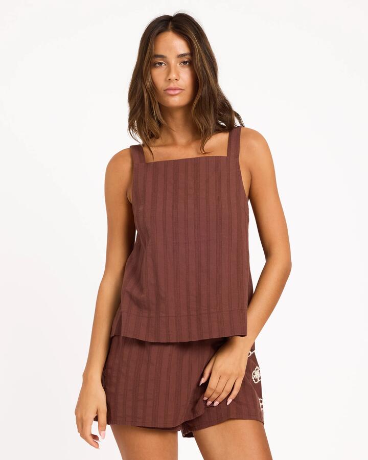Image of a model wearing Tops. Product name - Roxy Womens Addis Top Java in Java colour by brand - Roxy