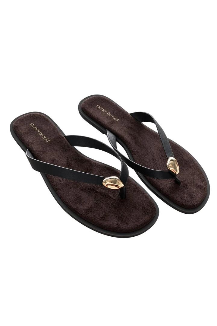 Image of Sandals. Product name - Sienna Chocolate Gold Broach Flat Sandal in Chocolate colour by brand - Stories be Told