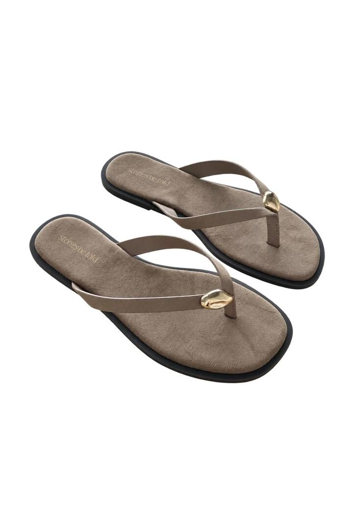 Image of Sandals. Product name - Sienna Taupe Gold Broach Flat Sandal in Taupe colour by brand - Stories be Told