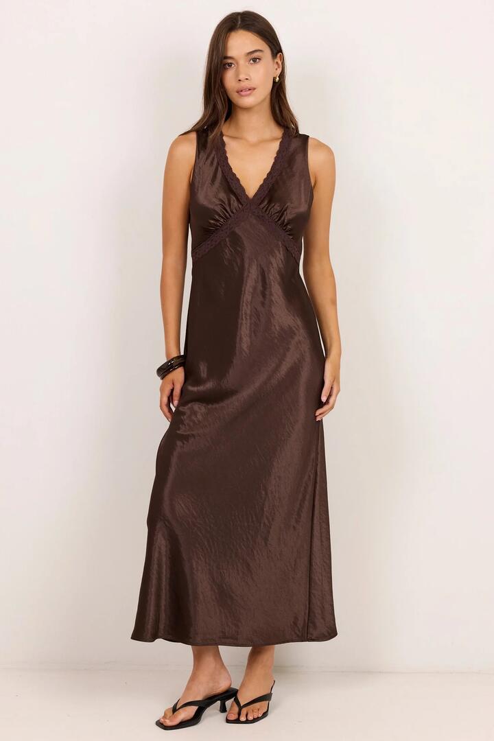 Image of Dresses. Product name - Castle Chocolate Satin Lace Trim Maxi Dress in Chocolate colour by brand - Georgia Zoe