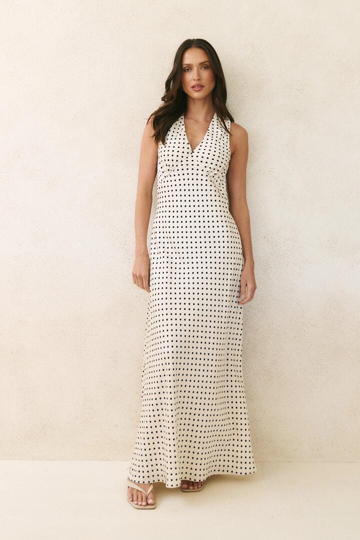 Image of Dresses. Product name - Aston Cream Ditsy Polka Dot Satin Bias Flared Maxi Dress in Cream Ditsy Polka Dot colour by brand - Stories be Told