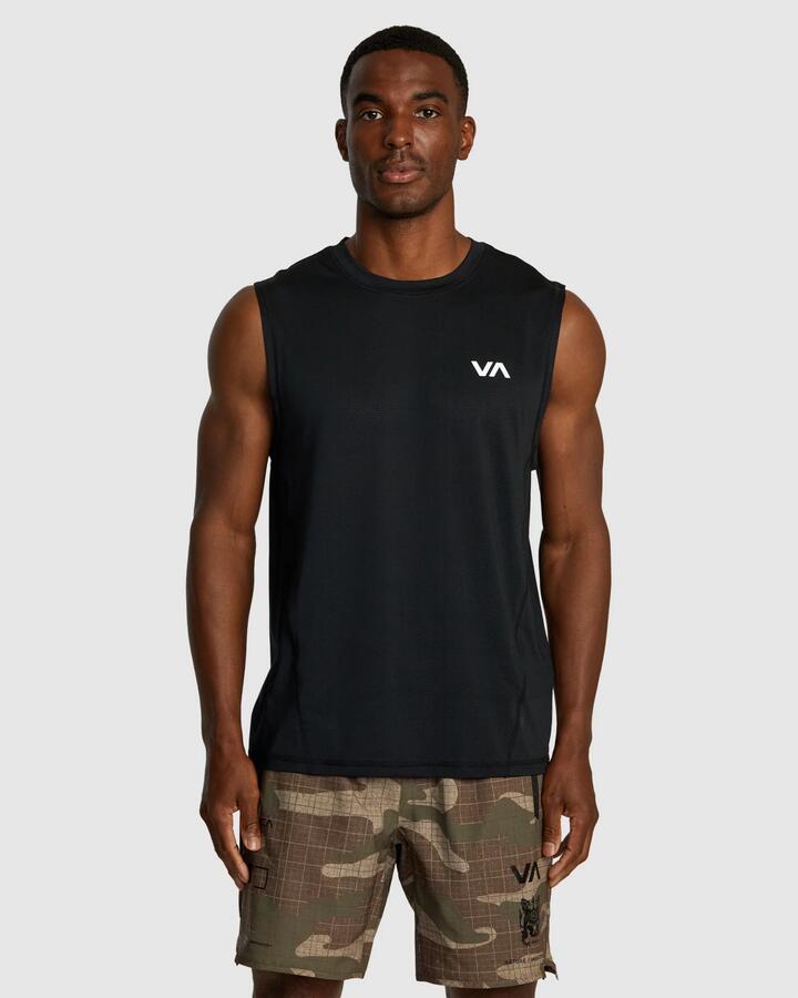 Image of a model wearing Tops. Product name - Rvca Mens Sport Vent Singlet Black in Black colour by brand - Rvca