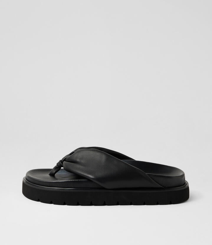 Image of Sandals. Product name - Meigh Black Leather Thongs in Black colour by brand - MOLLINI