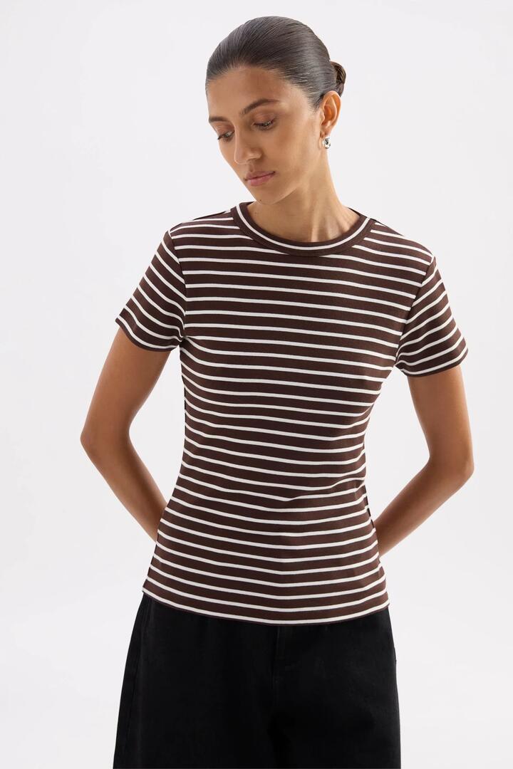 Image of a model wearing Tops. Product name - Organic Chocolate Stripe SS Baby Tee in Chocolate colour by brand - Nude Lucy