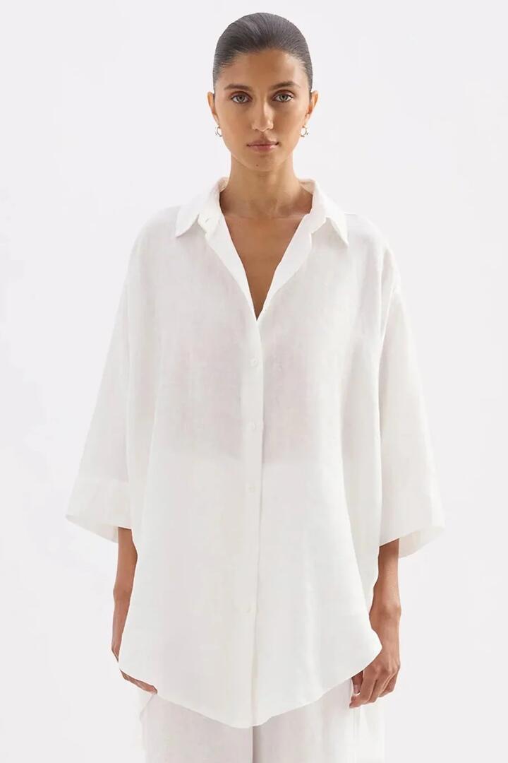Image of Shirts. Product name - Lounge White Linen Longline SS Shirt in White colour by brand - Nude Lucy