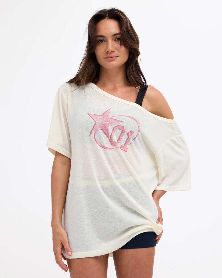 Image of T-Shirts. Product name - RVCA Womens Leisure Club Off The Shoulder T-Shirt Antique White in Antique White colour by brand - RVCA