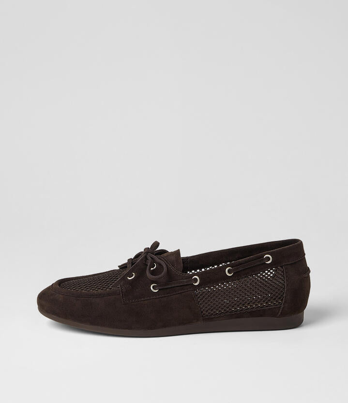 Image of Flats. Product name - Talisa Choc Suede Mesh Flat Shoes in Choc colour by brand - MIDAS