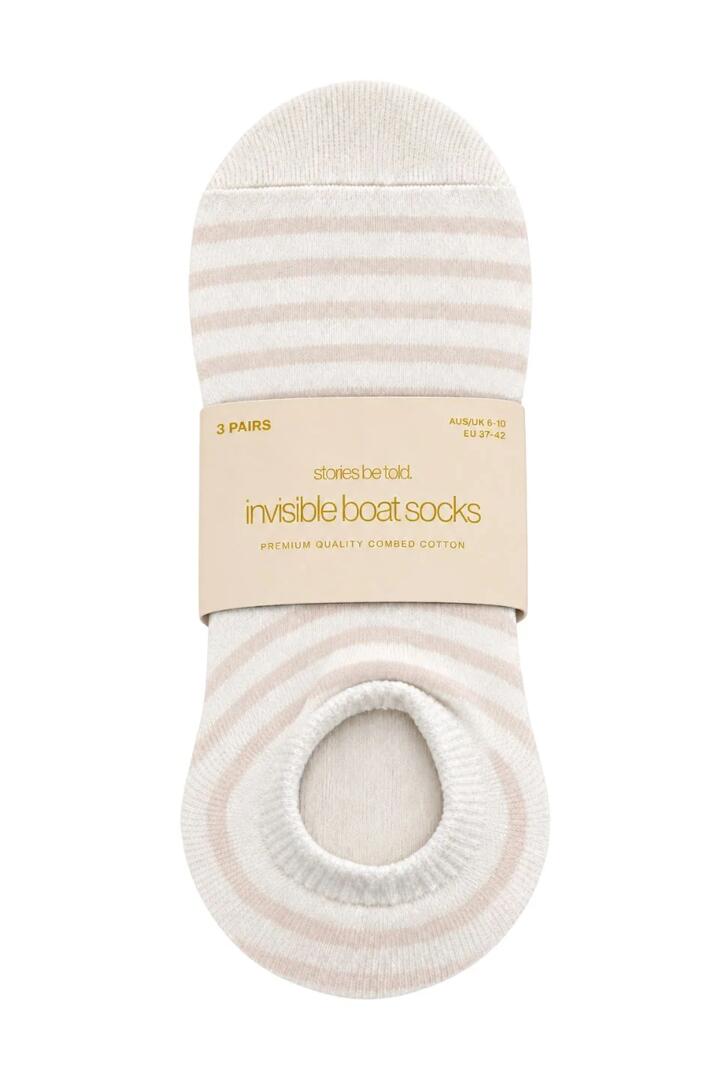 Image of Hair Accessories. Product name - Beige 3 Pack Polka Dot + Stripe Invisible Boat Socks in Natural colour by brand - Stories be Told