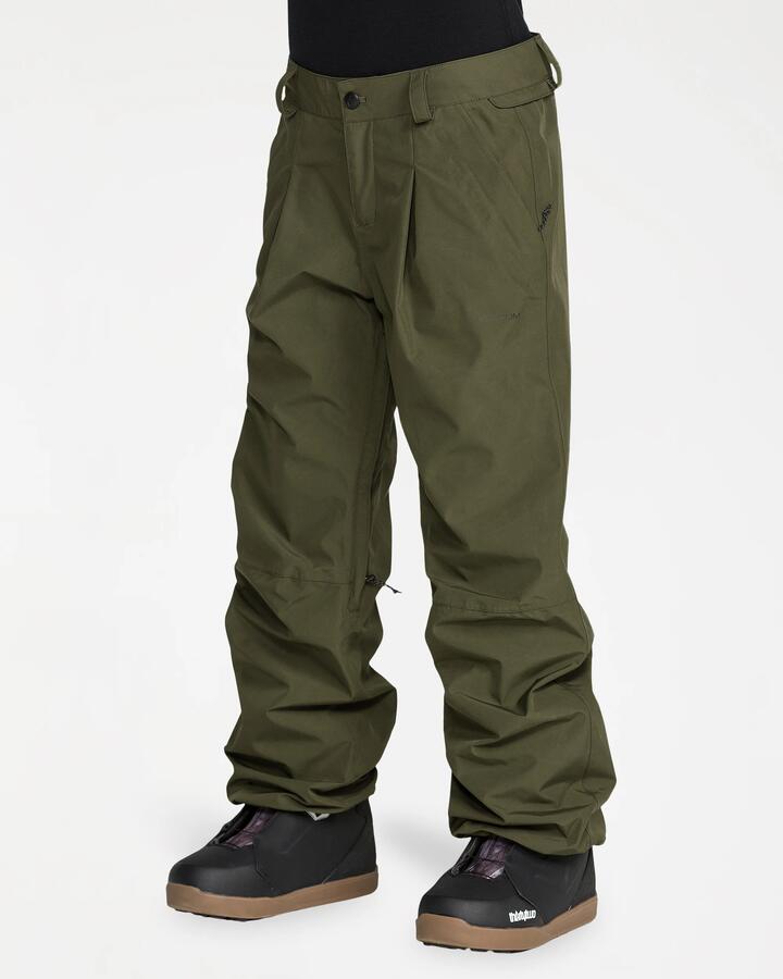 Image of a model wearing Pants. Product name - Volcom Womens Yfav Gore-Tex Pants Dark Green in Dark Green colour by brand - Volcom