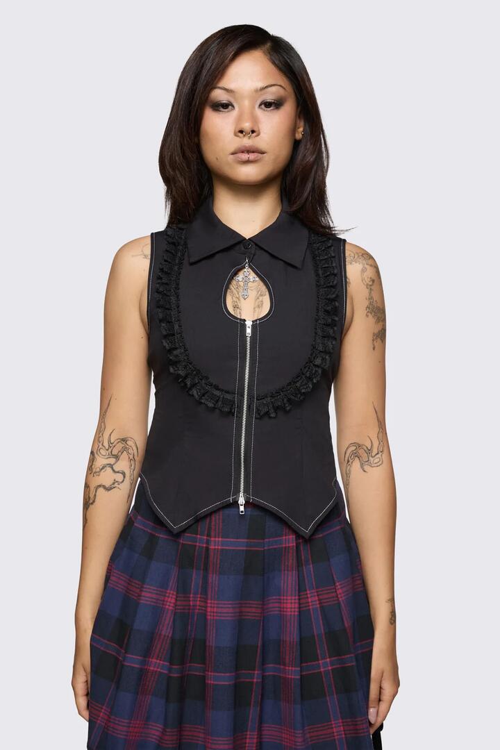 Image of a model wearing Tops. Product name - Century Keyhole Top in Black colour by brand - Dangerfield