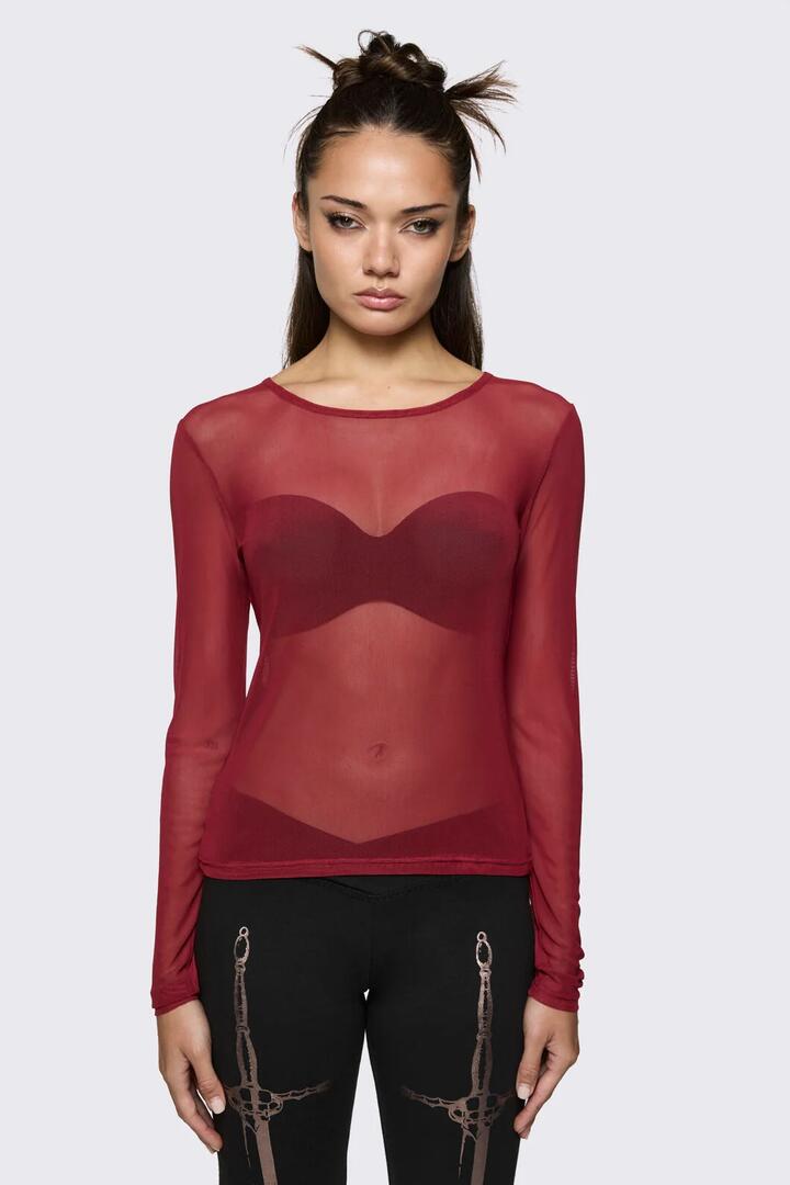 Image of a model wearing Tops. Product name - Lance Basic Long Sleeve Mesh Top in Red colour by brand - Black Friday