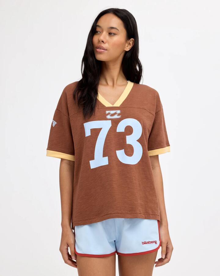 Image of T-Shirts. Product name - Billabong Womens Since 73 Team V-Neck T-Shirt Dark Choc in Dark Choc colour by brand - Billabong