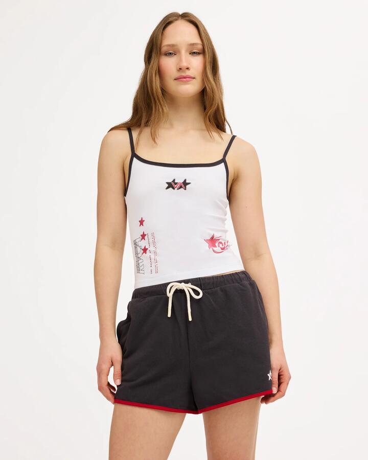Image of a model wearing Tops. Product name - RVCA Womens Roamers Cami Top White in White colour by brand - RVCA