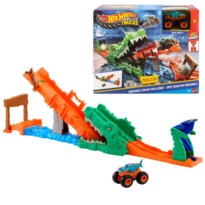 Image of Toy Playsets. Product name - Hot Wheels Monster Trucks Crocodile Crash Challenge Playset & 1:64 Scale Mega-Wrex Toy Vehicle in colour by brand - Hot Wheels