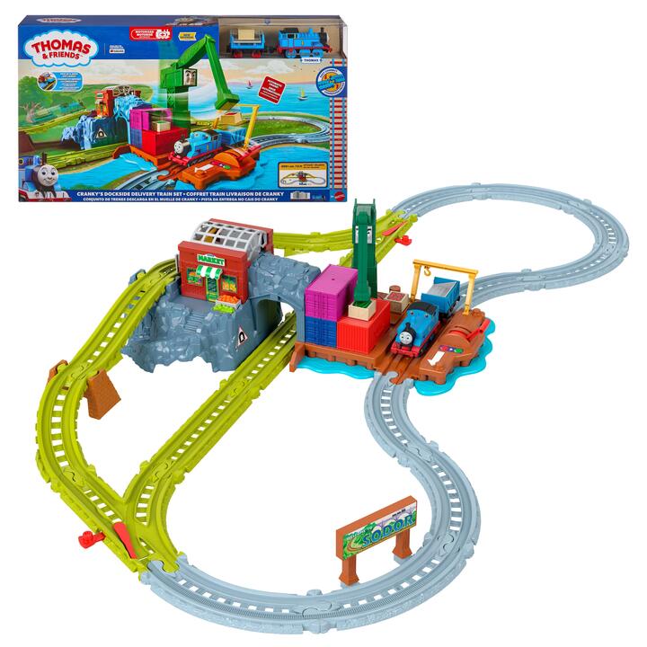 Image of Toy Cars. Product name - Thomas & Friends Crankyâs Dockside Delivery Train Set from Fisher-Price with Motorized Thomas Engine in colour by brand - Thomas & Friends