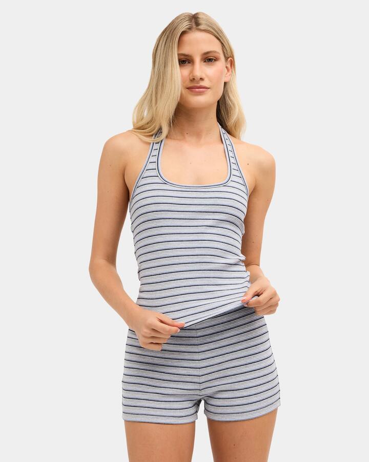 Image of a model wearing Tops. Product name - Nunui Womens Avery Halter Top Grey Stripe in Grey Stripe colour by brand - Nunui