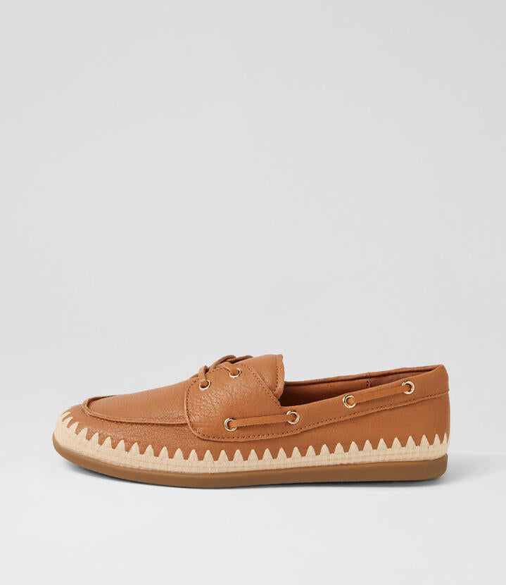 Image of Shoes. Product name - Rory Dark Tan Natural Leather Synthetic Raffia Boat Shoes in Dk Tan-Natural colour by brand - MIDAS