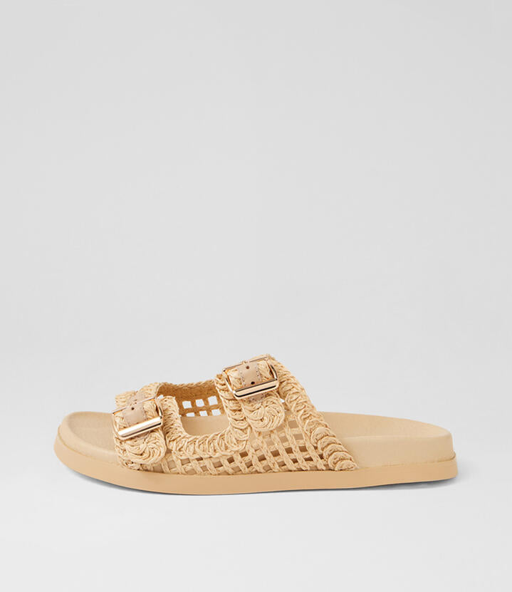 Image of Slippers. Product name - Reki Natural Synthetic Raffia Slides in Natural colour by brand - MIDAS