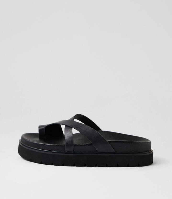 Image of Slippers. Product name - Margee Black Leather Slides in Black-Black Sole colour by brand - MOLLINI