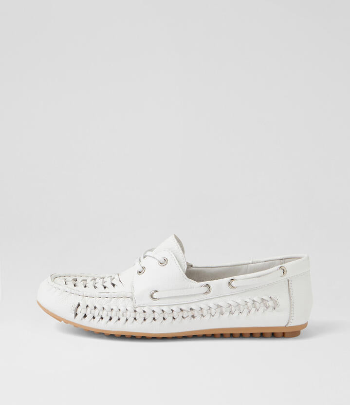 Image of Flats. Product name - Violin White Leather Lace Up Flats in White colour by brand - MIDAS