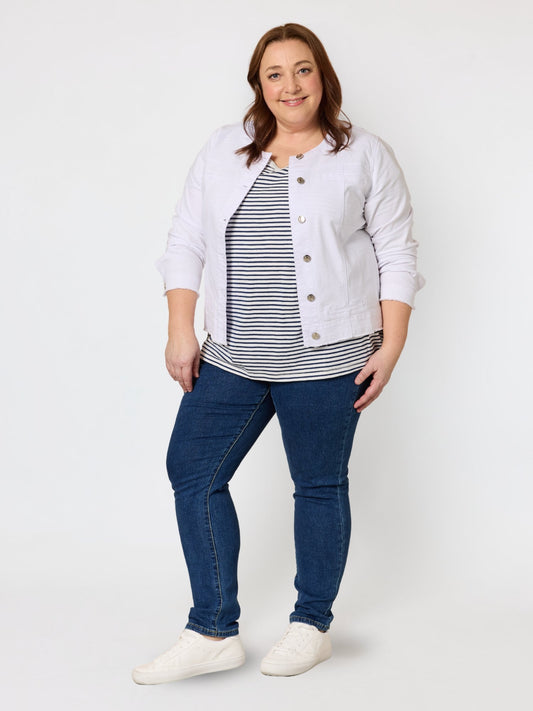 Threadz Collarless Frayed Hem Denim Jacket (White)