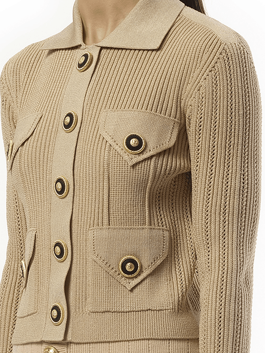 BALMAIN 4 Pockets Buttoned Ribbed Knit Cardigan (Nude Rose)