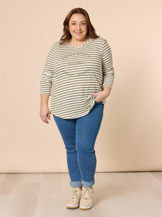 Threadz Riviera Stripe Print Long Sleeve Tee (Khaki/White)