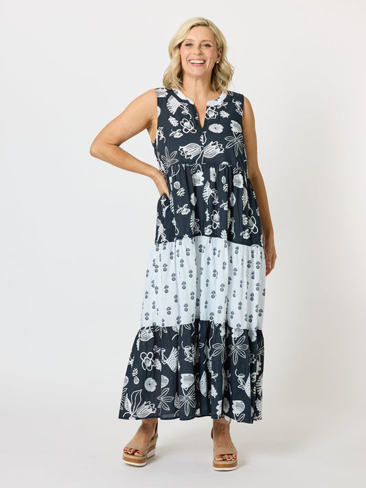 Image of Dresses. Product name - Palm Springs Print Dress Navy/White in Navy/White colour by brand - Gordon Smith