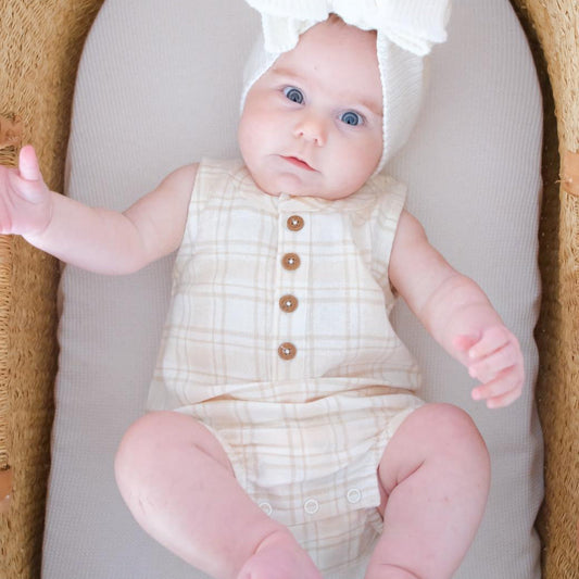 Beige Plaid Flannel Bubble Romper