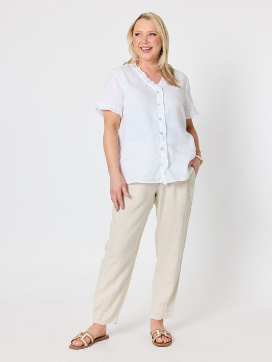 Gordon Smith Audrey Linen Short Sleeve Ruffle Shirt (White)