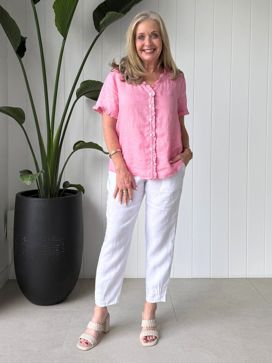 Gordon Smith Audrey Linen Short Sleeve Ruffle Shirt (Musk)