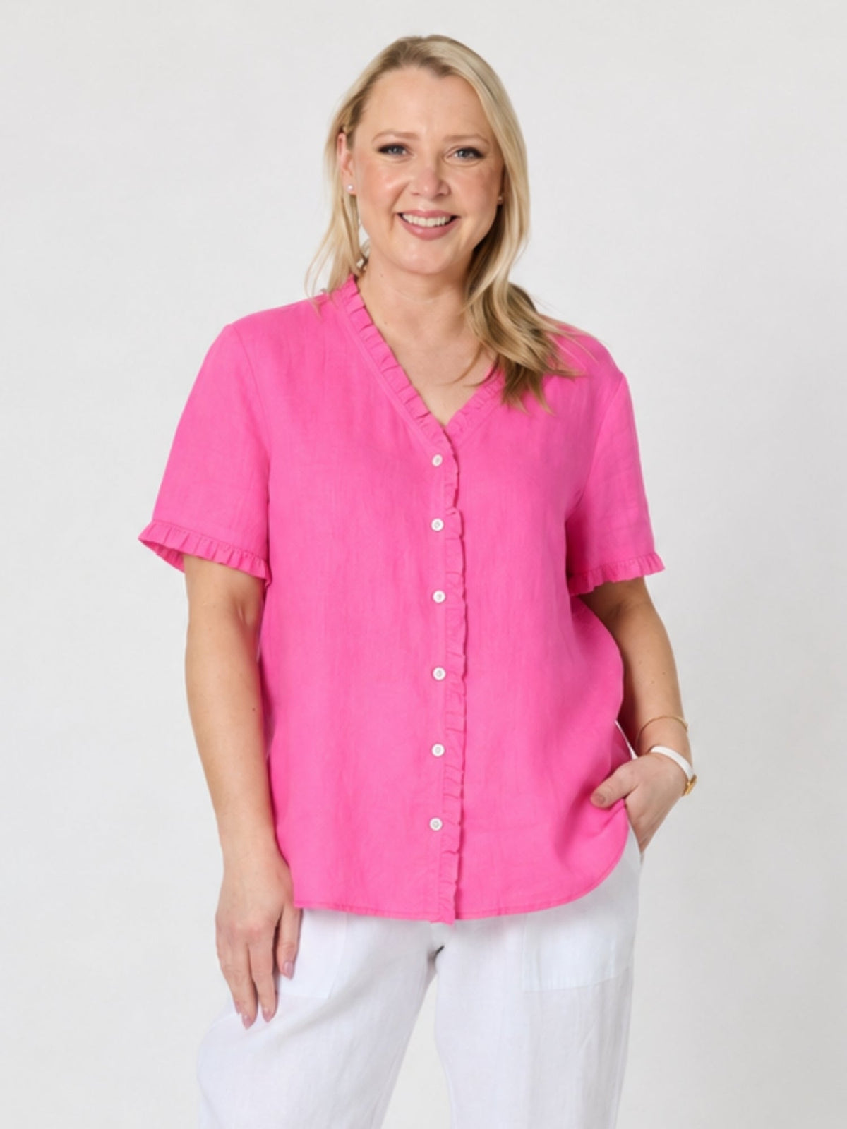 Gordon Smith Audrey Linen Short Sleeve Ruffle Shirt (Raspberry)