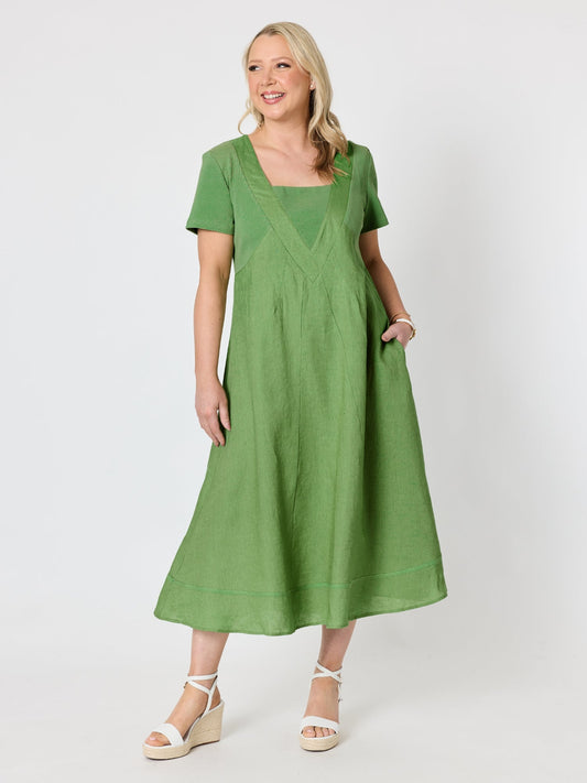 Image of Dresses. Product name - Le Marais Linen Midi Dress Fern in Fern colour by brand - Gordon Smith