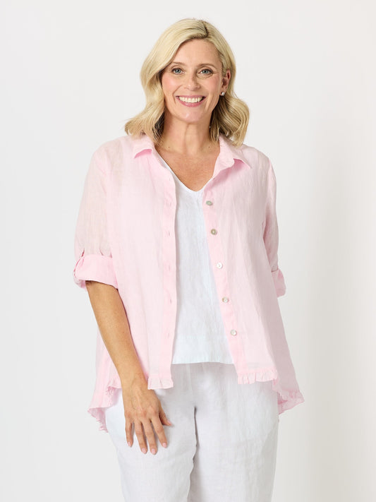 Image of Shirts. Product name - Milly Ruffle Hem Linen Shirt Pale Pink in Pale Pink colour by brand - Gordon Smith