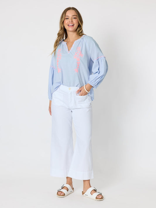 Threadz Coral Coast Embroidered Top (Pale Blue)