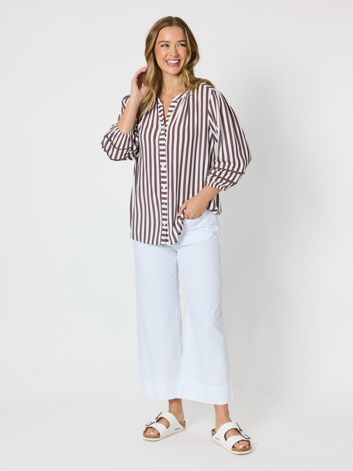 Threadz Montecito Stripe Print Top (Coffee White)