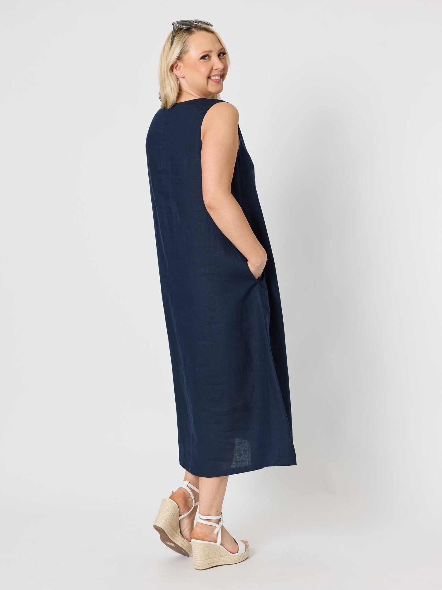 Gordon Smith Ava Linen V-neck Dress (Navy)
