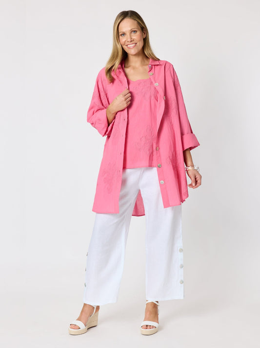 Threadz Lagoon Palm Floral Embroidered Shirt (Raspberry)