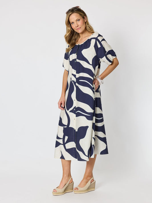 Clarity Bay Leaf Print Midi Dress (Navy Multi)