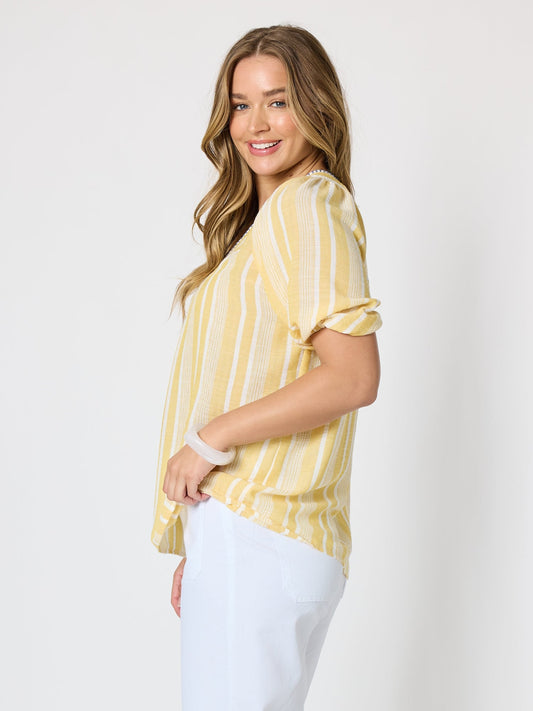 Threadz Seaport Stripe Print V Neck Top (Lemon White)