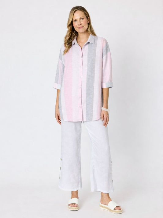Hammock & Vine Paros Linen Stripe Linen Shirt (Pink Silver)