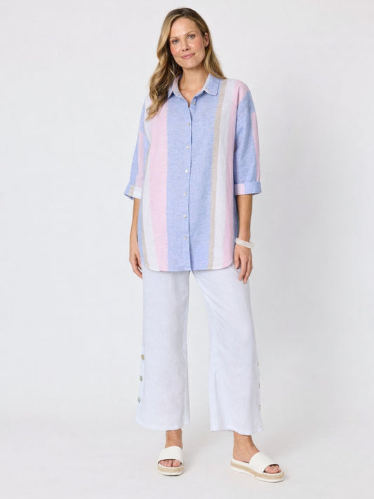 Hammock & Vine Paros Linen Stripe Linen Shirt (Sky Multi)