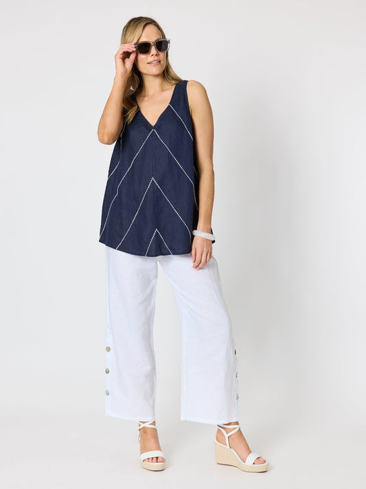 Hammock & Vine Haven Chevron Stitch Linen Cami (Navy/White)