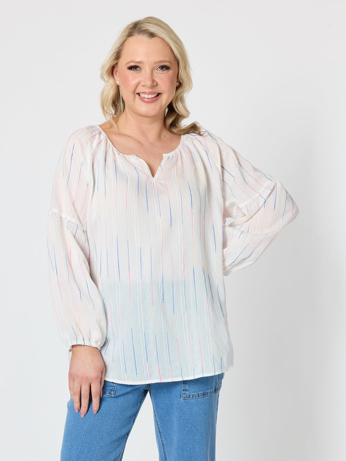 Image of a model wearing Tops. Product name - Sail Stripe Print Top White Multi in White Multi colour by brand - Gordon Smith