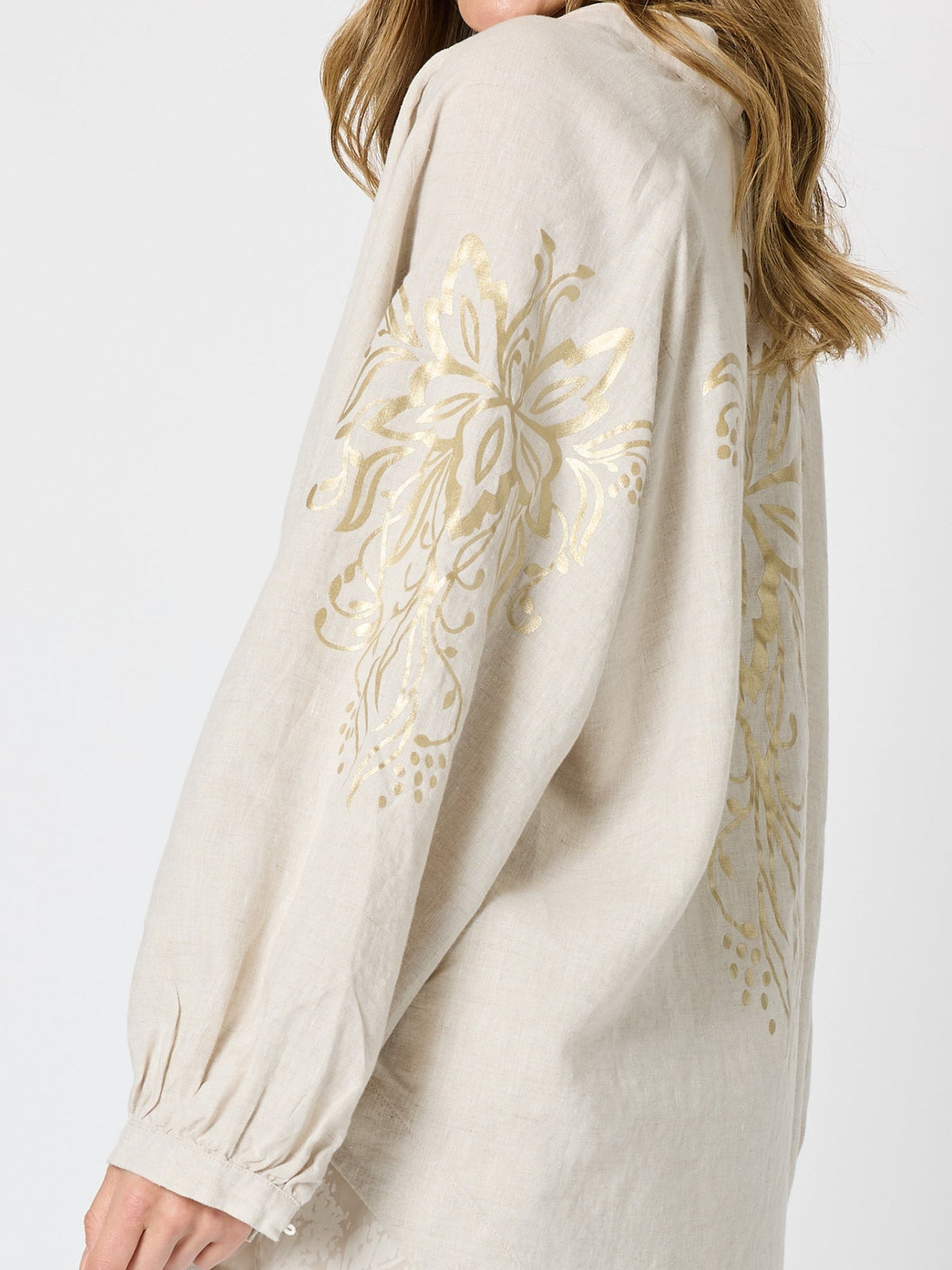 Hammock & Vine Soleil Foil Print Linen Duster (Natural Gold)