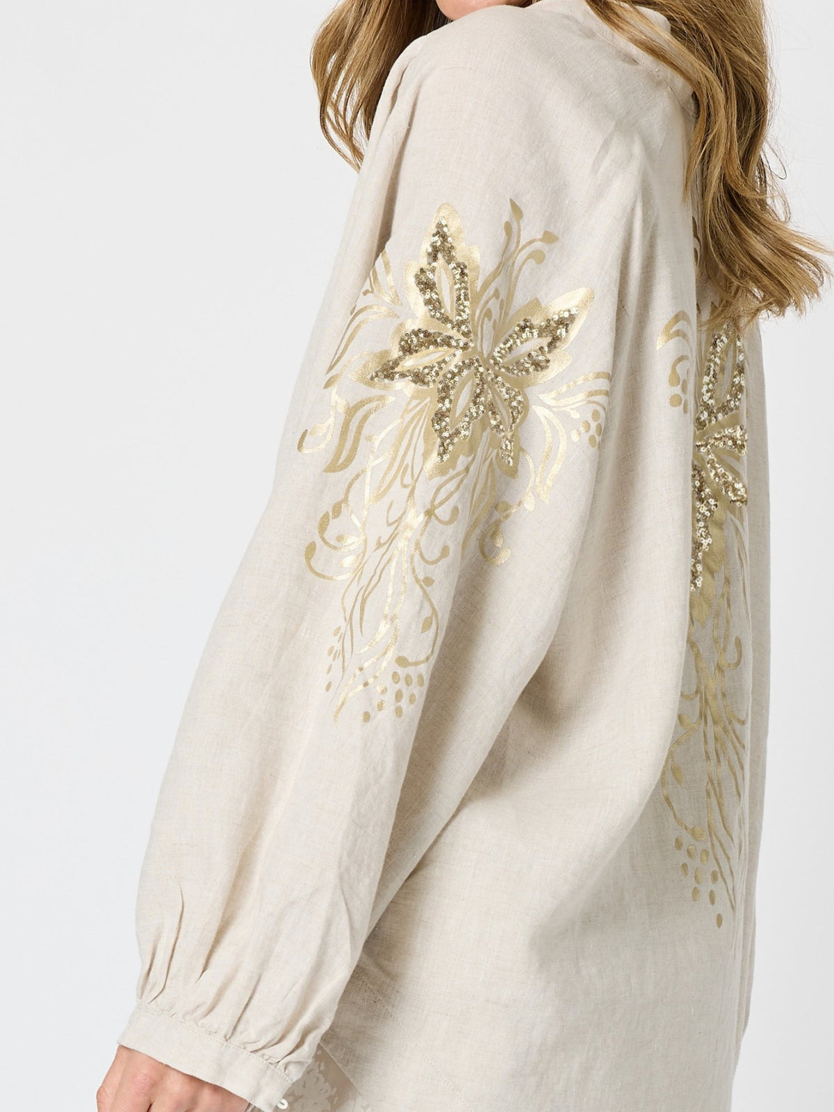 Hammock & Vine Soleil Foil Print Linen Duster (Natural Gold)