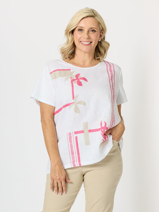 Image of a model wearing Tops. Product name - Bay Leaf Print Top White Blush in White Blush colour by brand - Clarity